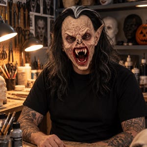 Puede incluir: Una máscara de vampiro de cabeza completa con piel pálida texturizada, orejas puntiagudas y una boca abierta que muestra colmillos afilados. La máscara tiene cabello largo y oscuro con un mechón blanco prominente en la parte frontal y detallada.