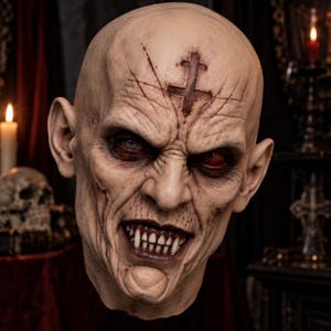 May include: A pale, bald creature mask with deep-set red eyes, sharp fangs, and a prominent chin. The forehead features a carved double-cross symbol with radiating lines. The skin has a textured, weathered appearance with dark, sunken facial features.