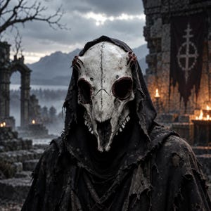Op de afbeelding: Een wit dierenschedelmasker met donkere oogkassen en kleine hoornachtige uitsteeksels, gedragen met een versleten zwarte kapmantel. Het masker vertoont zichtbare barsten en getextureerde botdetails die contrasteren met de donkere stof van de kleding.