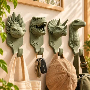 May include: Four sage green wall-mounted hooks shaped like dinosaur heads, including an ankylosaurus, a tyrannosaurus rex, a triceratops, and a long-necked dinosaur. Each hook features a small leaf emblem and holds items like a bag, keys, and a cap.