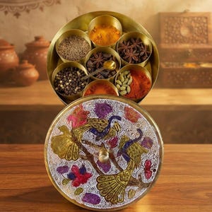 Op de afbeelding: Een ronde kruidendoos van messing met een afneembaar deksel voorzien van een kleurrijk pauw- en bloemmotief. De open container bevat zeven kleine ronde vakjes gevuld met diverse kruiden, waaronder peperkorrels, komijn en steranijs.