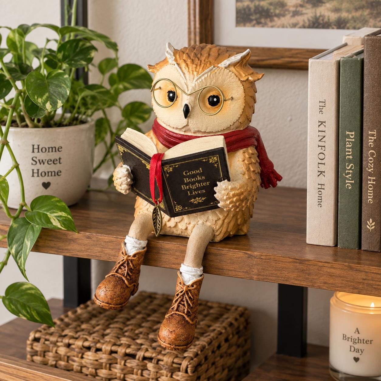 Hand-painted Reading Owl Figurine, Glasses & Book, Whimsical Bookshelf Decor