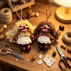 May include: Two handcrafted ornaments shaped like dolls with walnut shell faces, red noses, and open mouths. One has curly blonde yarn hair and a beige bow, the other has curly brown yarn hair and a brown bow. Both wear white lace dresses.