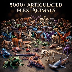 Pode incluir: Uma coleção de mais de 5000 animais articulados flexíveis, incluindo vários dinossauros, criaturas míticas, insetos e figuras de animais selvagens em diversas cores e poses. O texto 5000+ ARTICULATED FLEXI ANIMALS aparece no topo.