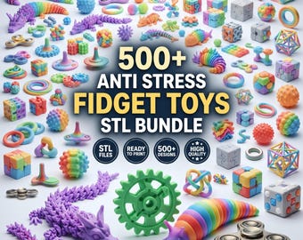 May include: A collection of various colorful fidget toys including articulated dragons, geometric shapes, spinners, and textured spheres. The central text reads 500+ ANTI STRESS FIDGET TOYS STL BUNDLE, with circular icons indicating STL FILES, READY TO PRINT, 500+ DESIGNS, and HIGH QUALITY.
