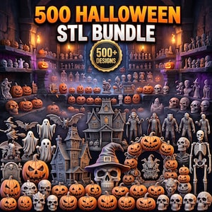 May include: A digital collection of 500 Halloween STL files featuring 3D models of pumpkins, skulls, ghosts, haunted houses, bats, skeletons, and vampires. The image displays the text 500 HALLOWEEN STL BUNDLE and 500+ DESIGNS in a dark, stone-walled setting.