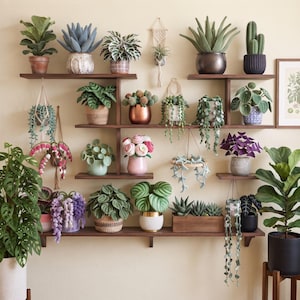 Può includere: Una scaffalatura in legno montata a parete che espone una collezione di varie piante in vaso, tra cui succulente, cactus e piante rampicanti in diversi contenitori in ceramica, intrecciati e metallici, insieme a supporti in macramè e una stampa.