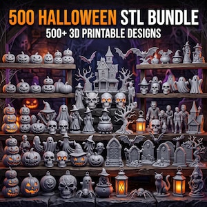 May include: A digital collection of 500 Halloween STL files for 3D printing, featuring gray monochromatic figures including pumpkins, skulls, ghosts, witches, tombstones, haunted houses, bats, lanterns, and skeletons arranged on wooden shelves.