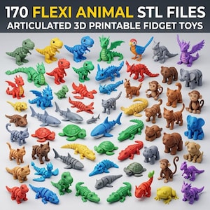 May include: A collection of 170 articulated flexi animal 3D printable fidget toys in various colors and species, including dragons, sharks, cats, monkeys, and elephants, with the text 170 FLEXI ANIMAL STL FILES ARTICULATED 3D PRINTABLE FIDGET TOYS.