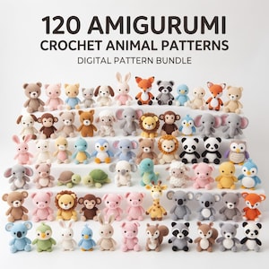 Paket med 120 virkade amigurumi-mönster för djur, nybörjarvänlig digital PDF-guide