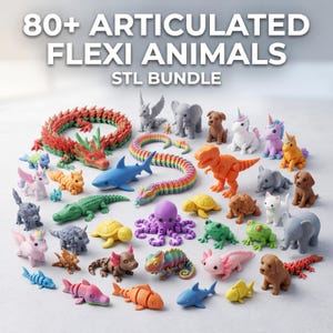 Könnte beinhalten: Eine Sammlung von über 80 beweglichen, flexiblen Tierfiguren in verschiedenen Farben und Arten, darunter ein roter Drache, eine Regenbogen-Schlange, ein blauer Hai, ein orangefarbener Dinosaurier und ein violetter Oktopus. Der Text 80+ ARTICULATED FLEXI ANIMALS STL BUNDLE ist sichtbar.