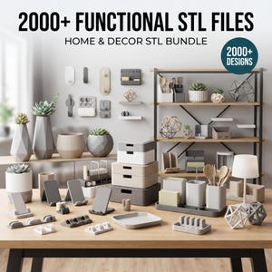 Puede incluir: Una colección de más de 2000 archivos STL funcionales para el hogar y la decoración, con varios objetos impresos en 3D como macetas geométricas, organizadores de escritorio, soportes para teléfonos, ganchos de pared y esculturas de alambre.