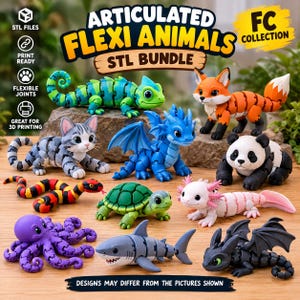 May include: A collection of articulated flexi animal figures including a green chameleon, orange fox, gray tabby cat, blue dragon, panda, red and black snake, green turtle, pink axolotl, purple octopus, gray shark, and black dragon with wings.