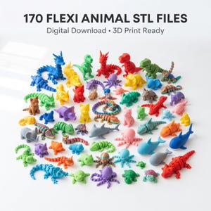 May include: A collection of 170 small, articulated animal figurines in various solid and rainbow colors, including dinosaurs, sea creatures, and mammals. The text 170 FLEXI ANIMAL STL FILES Digital Download 3D Print Ready is displayed above.