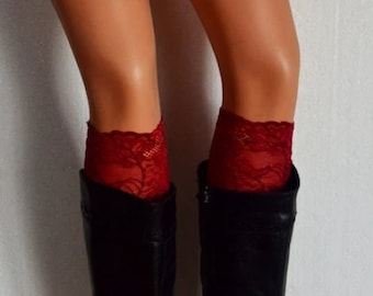 Maroon Lace Boot Cuff, Stretch lace maroon boot cuff,  maroon lace leg warmers,  gift for  her.