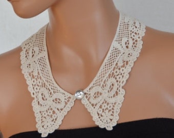 Ecru Peter Pan Collar, Ecru Detachable Collar and button, Cotton, Lace Collar, Lace Necklace, Detachable Collar Necklace, gift for he