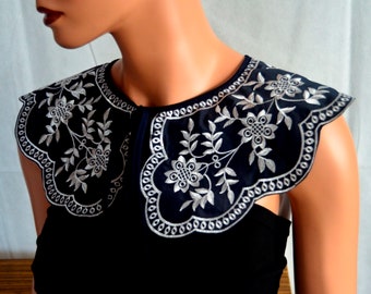 Embroidered Cotton Peter Pan Collar, Vintage Style Peter Pan Collar, Detachable Collar, Gift ( Black, Navy Blue  color)