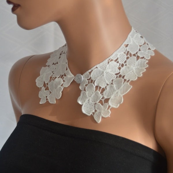 Collier Claudine, Collier et bouton amovibles, Coton, Collier dentelle, Collier dentelle, Collier col amovible, cadeau (blanc, noir)