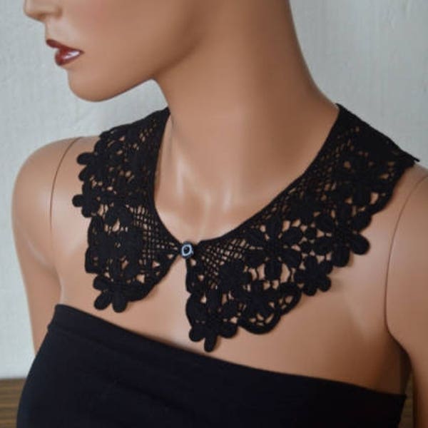 Col Claudine, Col et bouton amovibles, Coton, Col en dentelle, Collier en dentelle, Collier avec col amovible (Noir, Écru, Rouge)