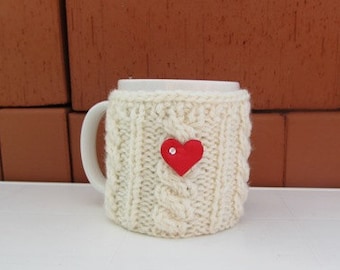 Christmas Coffe Cozy,Red heart Mug Cozy, Cup Cosy, Mug Warmer knitted, ecru color, button, valentines gift, Mothers  Day,CHOOSE YOUR COLOR