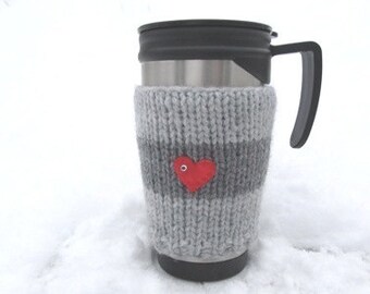 Christmas Coffe Cozy,Knitted Grey Mug Cozy,Grey striped mug/ cup cosy with 2 red heart, ideal  gift, knitted, valentines gift.