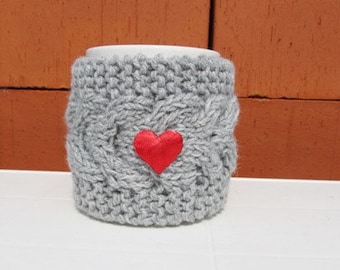 Mug Cozy,Red heart Mug Cozy, Tea Cup Cosy, Mug Warmer knitted,valentines gift,  grey color, red heart, gift