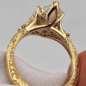 Tulip Setting Marquise Cut Lab Grown Diamond Engagement Ring Moissanite Hidden Halo 14K Gold Split Shank Solitaire Ring Gift Ring For Her