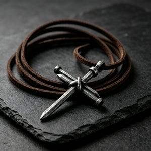 May include: A necklace featuring a pendant made of two crossed metal nails with a weathered silver finish, suspended from a long, thin, dark brown leather cord. The metal surface shows a textured, industrial appearance with visible markings.