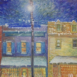 May include: A painting of three buildings in a snowy night scene. The buildings are lit up with warm yellow light. The sky is a deep blue with white snow falling. The buildings are painted in a realistic style with visible brushstrokes.