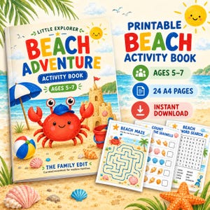 Könnte beinhalten: Ein druckbares Strand-Aktivitätsbuch für Kinder von 5-7 Jahren mit dem Titel Little Explorer Beach Adventure. Das Cover zeigt einen roten Krebs, eine Sandburg und einen Sonnenschirm. Enthält 24 A4-Seiten mit Labyrinthen und Suchspielen.