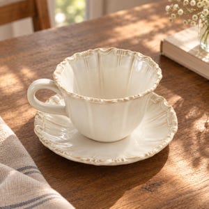 May include: A cream-colored ceramic teacup and matching saucer set featuring a fluted, scalloped rim with a distressed, antiqued brown finish along the edges. The cup has a curved handle and a smooth, glossy interior surface.