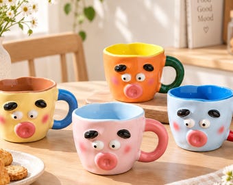 Cute Face Ceramic Mug 480ml, Funny Kawaii Coffee Cup, Colorful 3D Character Mug, Birthday Christmas Gift for Her Teen Girl