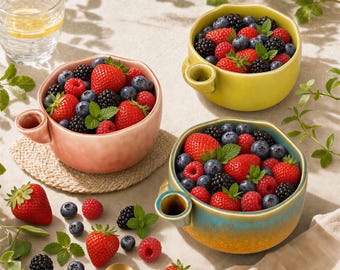 Ceramic Berry Bowl, Fruit Colander and Strainer, Colorful Berry Washing Bowl, Cottagecore Kitchen Decor, Housewarming Gift for Her