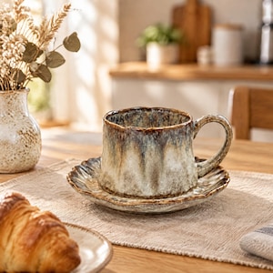 Może przedstawiać: Ceramiczna filiżanka do kawy z pasującym spodkiem, posiadająca teksturowany, falisty brzeg oraz wykończenie z reaktywnego szkliwa w odcieniach kremu, brązu i szarości. Filiżanka ma zakrzywione ucho i stoi na profilowanym spodku o ziemistym wyglądzie.