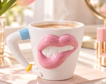 3D Lips Ceramic Mug, Funny Hand Handle Coffee Cup, Cute Girly Mug 300ml, Valentine Birthday Christmas Gift for Her Best Friend