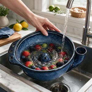 May include: A deep blue ceramic berry colander bowl with a central drainage hole and side handle, filled with fresh strawberries, blueberries, and blackberries being rinsed under a stream of water from a stainless steel kitchen faucet.