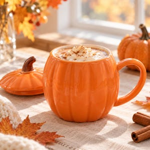 May include: A bright orange ceramic mug shaped like a pumpkin with a matching lid featuring a brown stem. The mug has a curved handle and is filled with a beverage topped with whipped cream and a dusting of brown spice, creating a seasonal look.