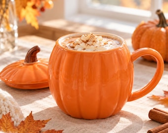 Pumpkin Ceramic Mug With Lid, Fall Coffee Cup, Halloween Drinkware, Thanksgiving Kitchen Decor, Cozy Autumn Gift For Her
