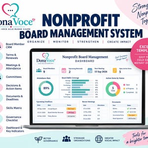 Könnte beinhalten: Ein digitales Dashboard für das Non-Profit-Board-Management auf einem Laptop-Bildschirm. Die Benutzeroberfläche zeigt Datenvisualisierungen, darunter eine Anwesenheitsquote von 89 Prozent, die Abdeckung der Board-Kompetenzen und Aufgaben nach Status. Der Text umfasst DonaVoce, Nonprofit Board Management und verschiedene organisatorische Kategorien.