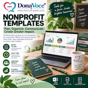 Puede incluir: Un gráfico de marketing digital para plantillas sin fines de lucro de DonaVoce que muestra una computadora portátil con gráficos de proyectos, un cuaderno de espiral verde oscuro con el texto Good ideas create real change, una taza blanca y un bolígrafo.