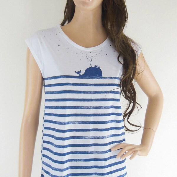 Whale Fish Sea Ocean Animal Style Art Fashion Women T-shirt Animal Tunic Tank White T-Shirt Screen Print  Size M