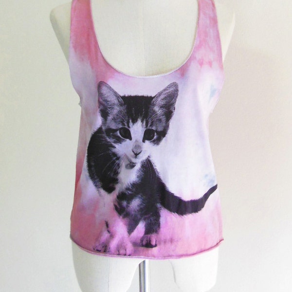 Kitty Cat Cute Animal Style Tank Top Pink Dyed Fabrics Screen Print Women Crop Top Tee Shirt Cat T-Shirt Size M