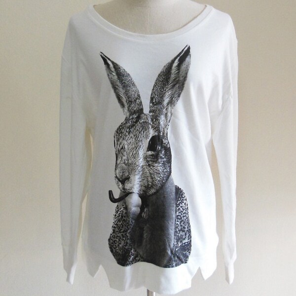 Bunny shirt Rabbit shirt rabbit Smoking Pipe Cigar T shirt Women T-Shirt Animal T-Shirt Sweater Long Sleeved Sweatshirt Screen Print Size L