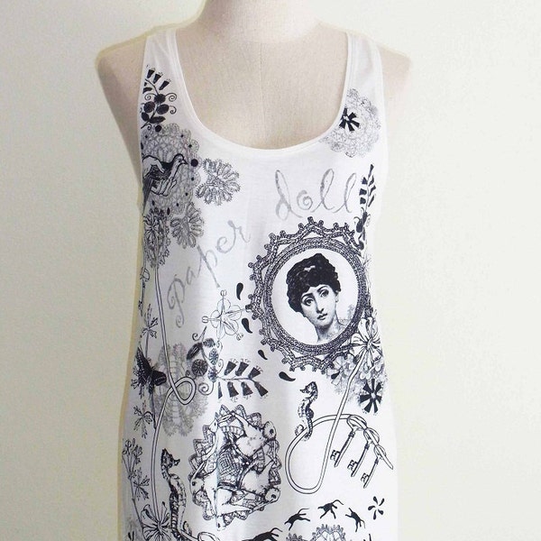 Vintage Art Modern Elegant Design Vintage Ornament Tank Top Tunic Cream T-Shirt Screen Print Size M