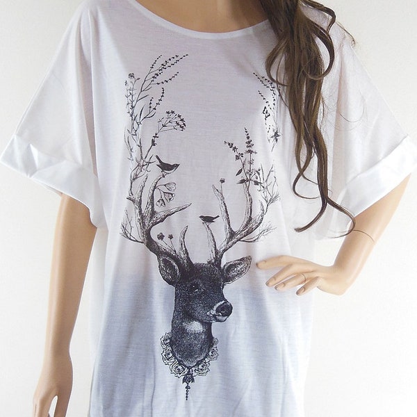 Princess Reindeer Bird Vine Nature Art Design Style Bat Sleeve Women T-Shirt Short Sleeve T-Shirt Oversize Screen Print Free Size