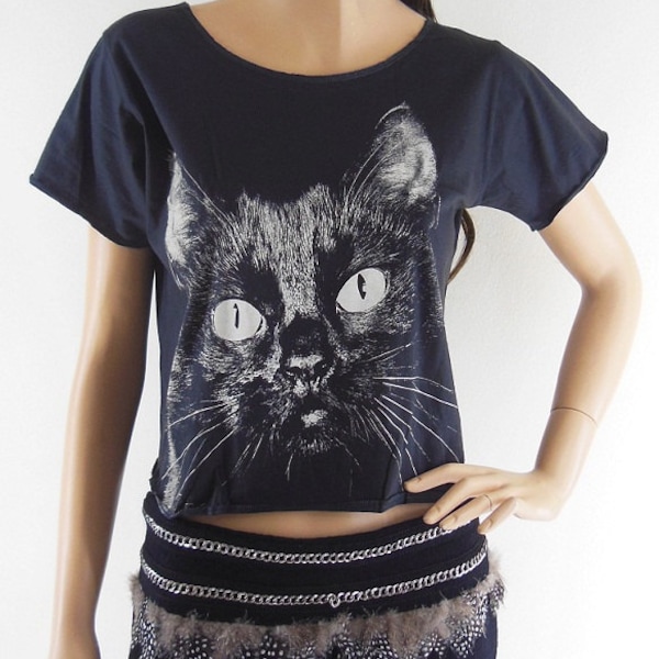 Black Cat Animal Tshirt Cat Tshirt Women Crop Top Tee Shirt Tunic Black Tshirt Screen Print Size M