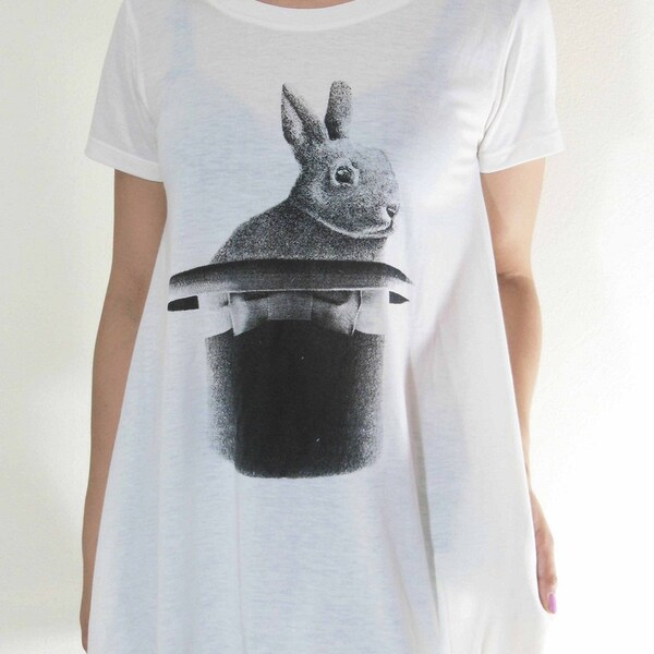 Rabbit Hat Magic Cute Pet  Art Design Modern Animal Design Fashion Short Sleeve Cream Tunic Top Screen Print Size M