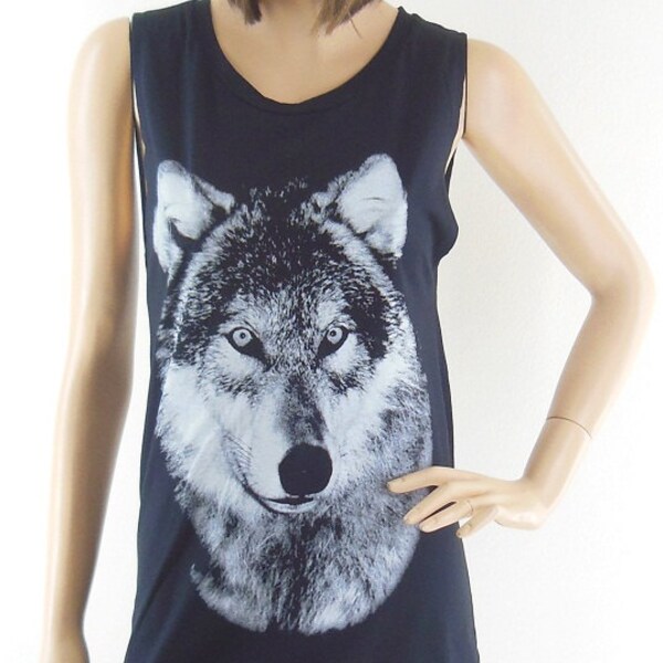 Wolf Art Design Wolf Tank Top Wolf Shirt Fox Shirt women graphic tee tumblr tee workout tank birthday gift Black T-Shirt Screen Print Size S