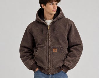 Carhartt Arbeitsjacke aus braunem Duck-Canvas mit Kapuze, gewaschene Optik, Herren-Wintermantel