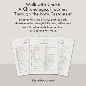 May include: Three white sheets of paper with the text "New Testament Chronological Order" and checkboxes. The sheets are arranged in a fan shape, with floral illustrations. The top text reads "Walk with Christ: A Chronological Journey Through the New Testament."